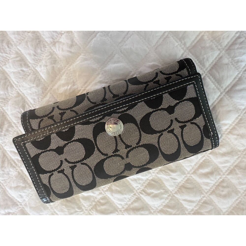 Coach Signature C Canvas Trifold Wallet Black Gray Leather Vintage Y2K - Picture 5 of 6